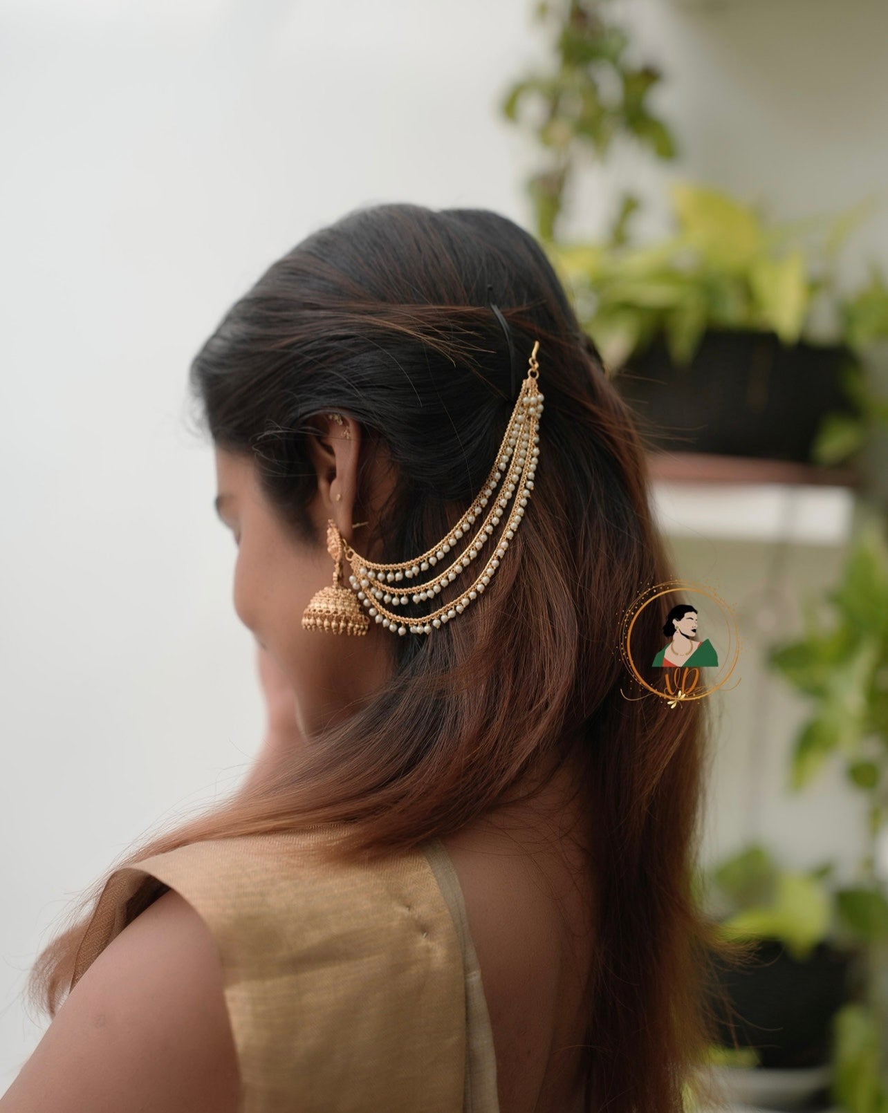 Temple Jhumkas with Pearl Ear Chain
