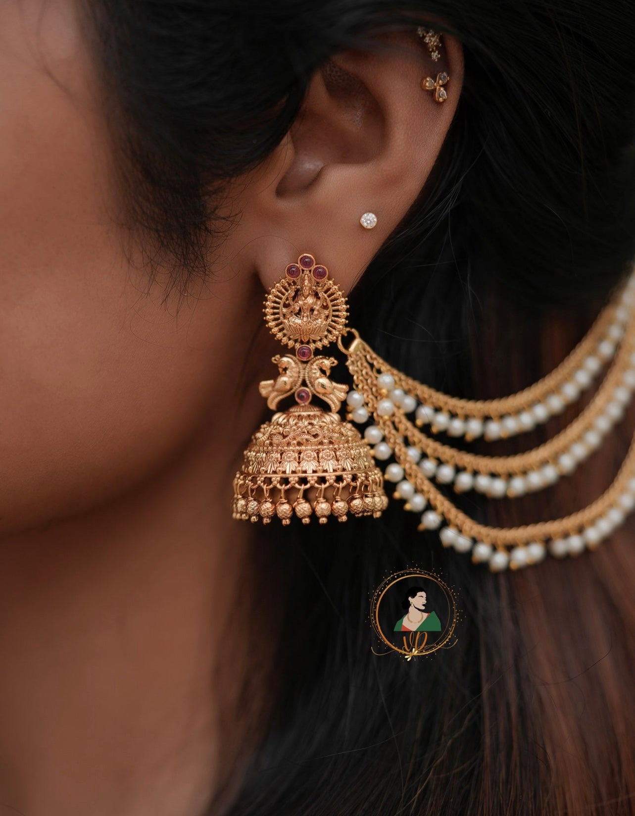 Temple Jhumkas with Pearl Ear Chain