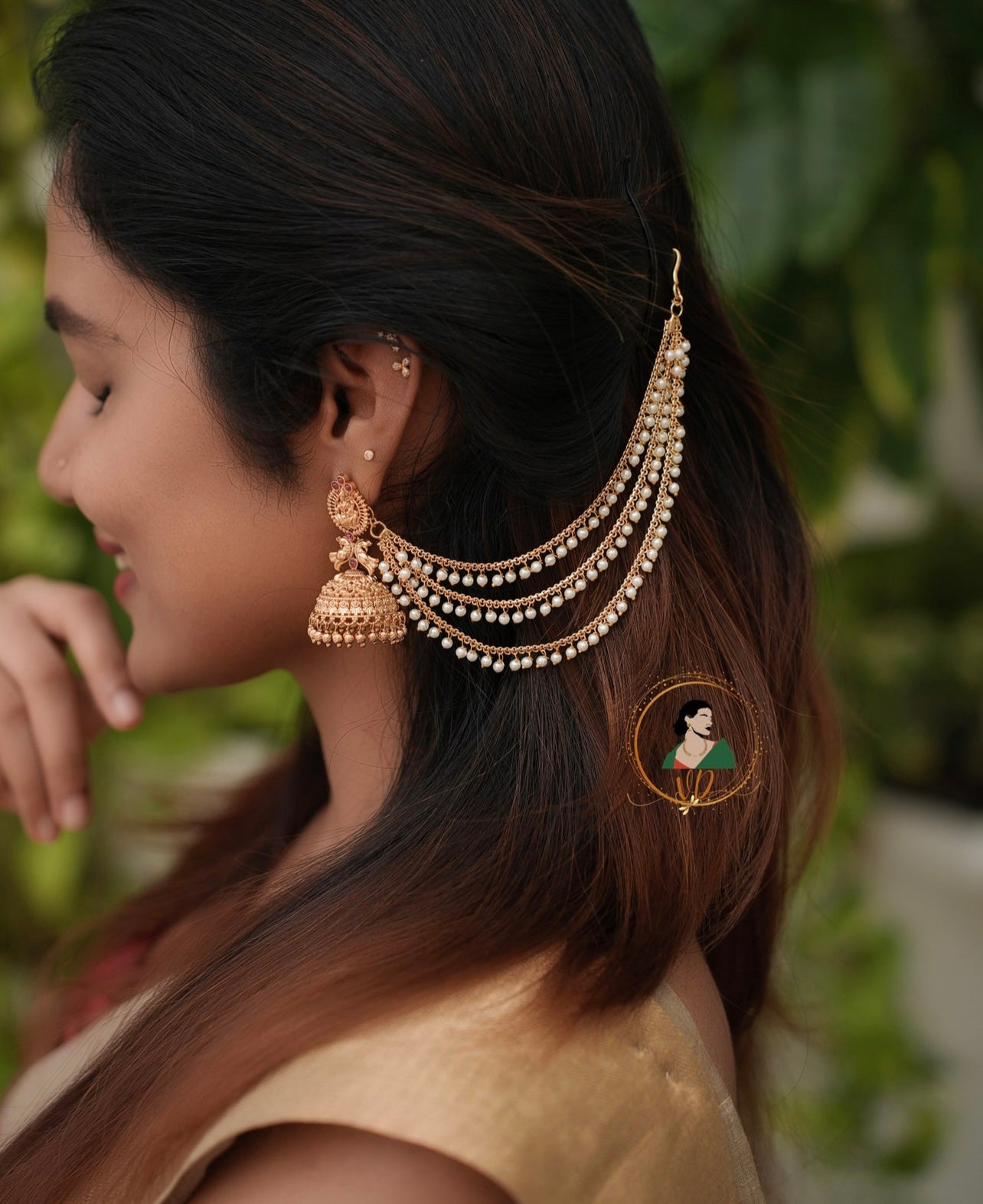 Temple Jhumkas with Pearl Ear Chain
