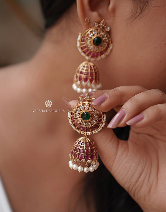 Traditional Kemp Stone Chandbali Jhumkas