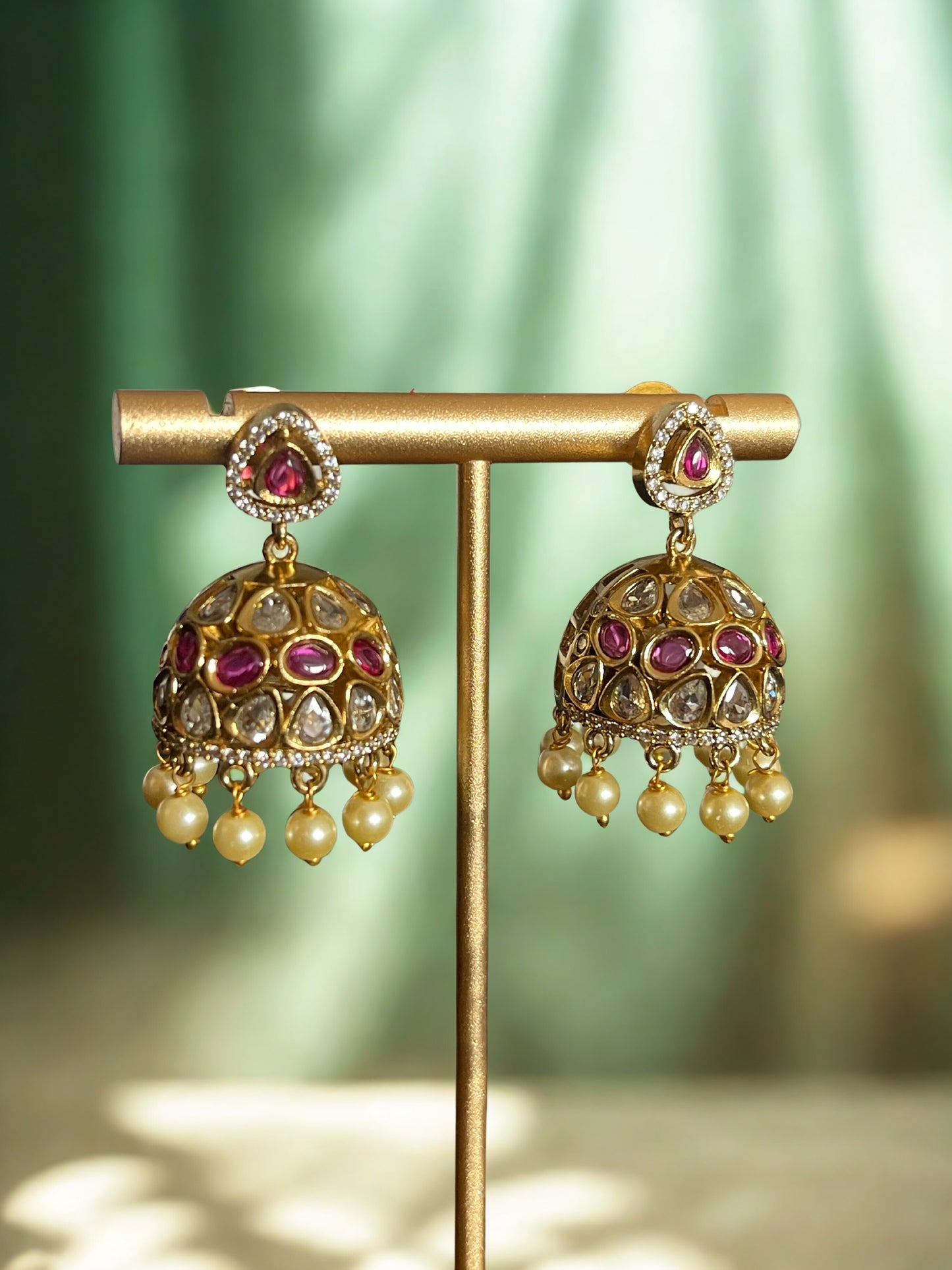 Gold Finish Jadau Stone Jhumkas